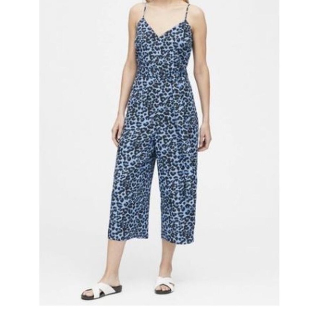 Banana Republic Women's Blue Leopard Print Wide Leg Jumpsuit belted